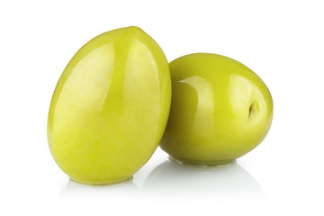 Two delicious green olives, isolated on white background