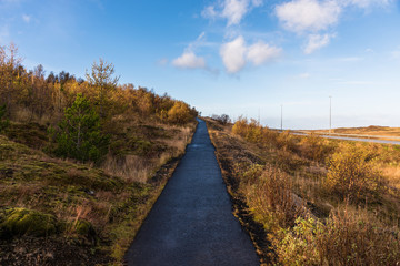 Narrow Hillside Path in the Countryside of Iceland under Blue Sky on a Fall Day