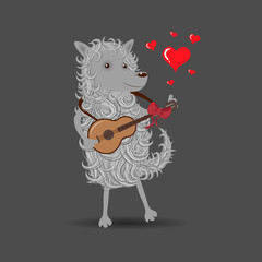 Funny white cartoon fluffy dog playing a guitar singing about love