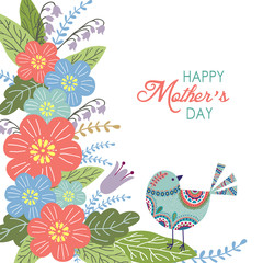 Happy mothers day, Floral hand draw design concept, Flowers with abstract bird and text on a white background, vector