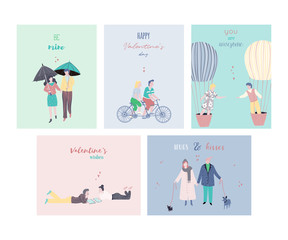 Happy Valentines day cards set. People in love with typography quotes. Happy dating couples. Design template for greeting card, invitation. Vector illustration