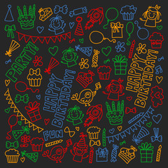 Vector pattern for birthday party for little kindergarten, school children. Kids drawing doodle style