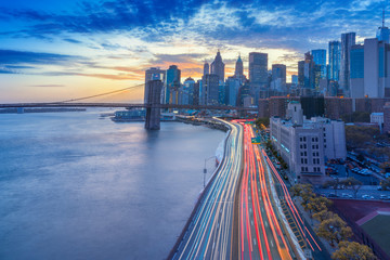 amazing sunset , manhattan financial district  from manhattan bridge, New York City