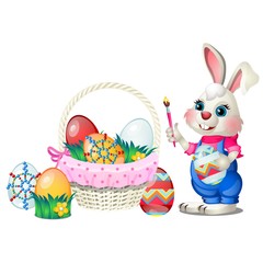 Set of colorful Easter eggs with patterns and funny animated bunny holds in paws brush isolated on white background. Vector cartoon close-up illustration.