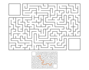 Abstract rectangular maze. Game for kids. Puzzle for children. Labyrinth conundrum. Flat vector illustration isolated on white background. With answer. With place for your image.
