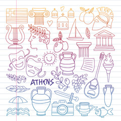 Travel to Greece. Vector set with doodle style icons