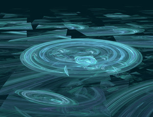 blue circles, shapes and swirls on a dark background, futuristic geometric 3d illustration in perspective