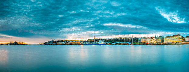 Helsinki, Finland. Panoramic Morning View Of Blekholmen Valkosaa