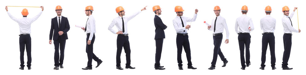panoramic photo collage of confident architect isolated on white