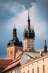 Obraz premium Krakow, Poland. Two Towers Of St. Mary's Basilica. Close Up Of F