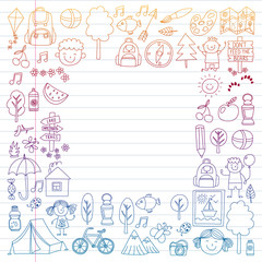 Vector set of camping, hiking icons for little children. School and kindergarten kids vacation.