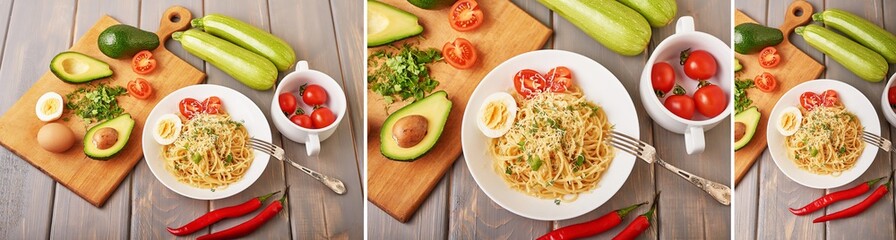 Vegetarian Vegetable pasta Fusilli with zucchini, tomatoes and avocados. Raw vegan pasta. Spaghetti. Italian food. Italy. Roma. Fine dining. Healthy food. Fresca Pasta. Vegetarian. Healthy food
