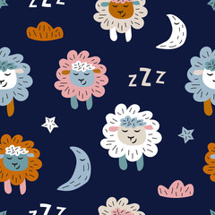 Childish seamless pattern with cute sheeps. Creative texture for fabric