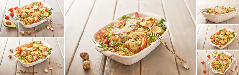 Vegetarian Vegetable pasta Fusilli with zucchini, tomatoes and avocados. Raw vegan pasta. Spaghetti. Italian food. Italy. Roma. Fine dining. Healthy food. Fresca Pasta. Vegetarian. Healthy food