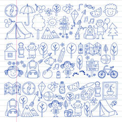 Vector set of camping, hiking icons for little children. School and kindergarten kids vacation.