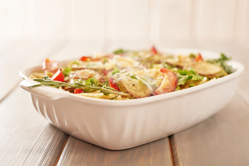 Vegetarian Vegetable pasta Fusilli with zucchini, tomatoes and avocados. Raw vegan pasta. Spaghetti. Italian food. Italy. Roma. Fine dining. Healthy food. Fresca Pasta. Vegetarian. Healthy food