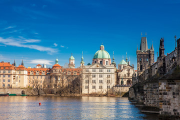 Obraz premium The beautiful old town of Prague city, the Vltava river and the iconic Charles bridge