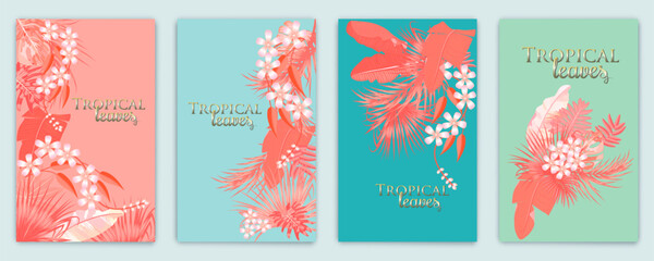 Tropical vector set background in Living Coral color.