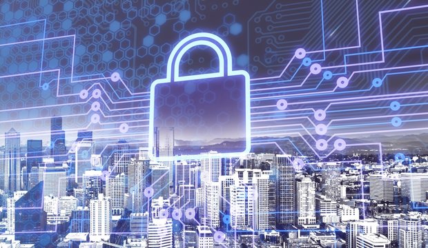 Digital lock icon and city background, concept of data security