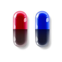 Two capsule or pill red and blue of realistic isolated on light background. Matrix, medicine, tablet, capsules, drug of painkillers, antibiotics, vitamins. Healthcare medical and vector illustration
