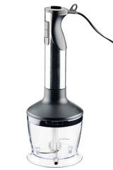 Black accessory cup with hand blender on the white background