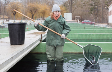 Female standing in fish tank fishing for sturgeon with landing net