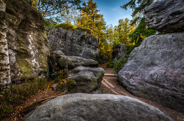 Sandstone rocks on the top of Table mountains with wooden walkways
