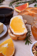 Slice of bread with butter and jam. Breakfast food