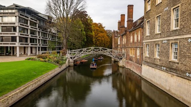Time lapse view of punting under the mathematical bridge in Cambridge