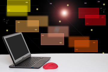 Table top on computer background. Modern portable Laptop with blank screen on white table over abstract new futuristic technology background with colorful rectangles for text phrases. Space.