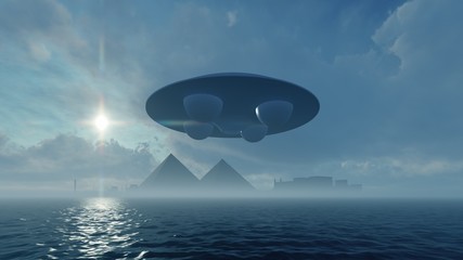 Fototapeta na wymiar 3d UFO hanging in the sky over the ancient pyramids 