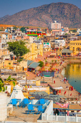 Panoramic view on Holy Lake and city Pushkar, Rajasthan, India.
