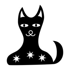 Cartoon black and white cat with stars. Graphic symbol, sign, logo. Vector graphics art.