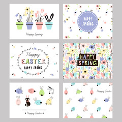 Set of Easter Spring gift cards and posters with cute colourful graphics. Happy Easter templates with eggs, flowers, floral frames and wreaths, rabbit and typographic design. Vector illustration