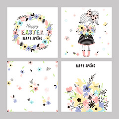 Set of Easter Spring gift cards and posters with cute colourful graphics. Happy Easter templates with cartoon girl, flowers, floral frame and wreath and typographic design. Vector illustration