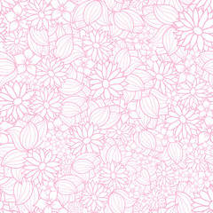 Vector pink and white floral seamless pattern background. This monochrome texture of overlapping flowers is perfect for fabric, wallpaper, gift wrapping paper, scrapbooking projects.