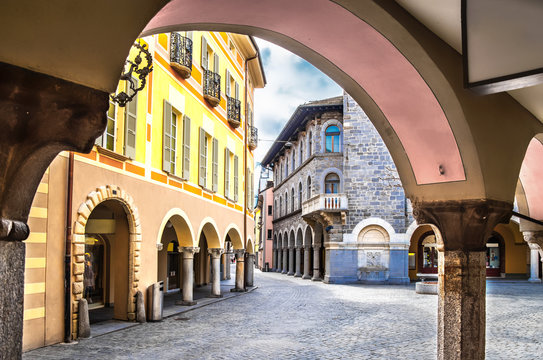 Interior courtyard of the Neo-Romanesque Palazzo Civico, the town hall of the city of Bellinzona, Ticino, Switzerland