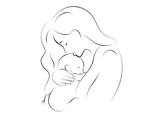 mother and baby stylized vector symbol, mom hugs her child logo template