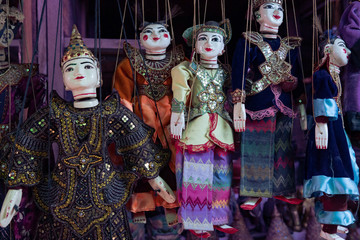 Baga, Myanmar - Nov 2018: Traditional Burmese puppets on sale in Bagan, Myanmar