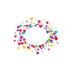 Candy of red, yellow, blue and purple hearts on a white background. Flying confetti from hearts. Valentine's day card.