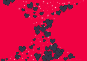Volumetric black hearts on a pink background with twinkling elements. Glamorous background with hearts for Valentine's day. Confetti.