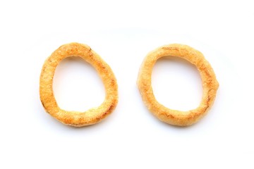 Fried squid rings isolated on white background. Snack calamari rings.
