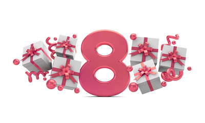 Number 8 pink birthday celebration number with gift boxes. 3D Rendering
