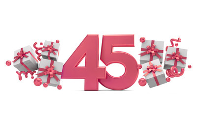 Number 45 pink birthday celebration number with gift boxes. 3D Rendering