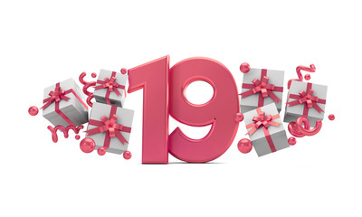 Number 19 pink birthday celebration number with gift boxes. 3D Rendering