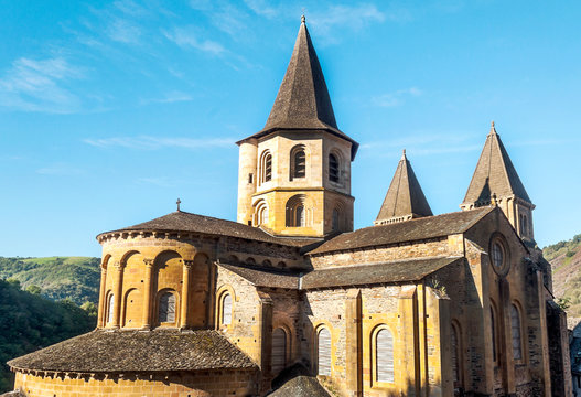 Streets of Conques in the mountains of southern France on a sunny day