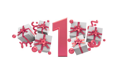 Obraz premium Number 1 pink birthday celebration number with gift boxes. 3D Rendering