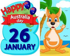 Kangaroo waving his paw against the beach with a palm tree. Australia day.