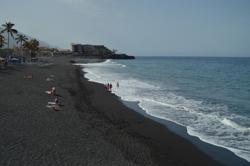 Long Black Volcanic Sand Beach In Puerto Naos In The City Of Los Llanos. Travel, Nature, Landscapes, geology.11 July 2015. Los LLanos Isla De La Palma Canary Islands Spain.