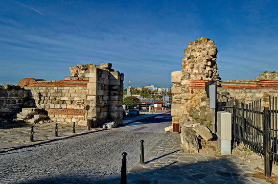 Ruin of Western fortification wall and entrance  in ancient city Nessebar or Mesembria on the Black Sea coast, Bulgaria, Europe